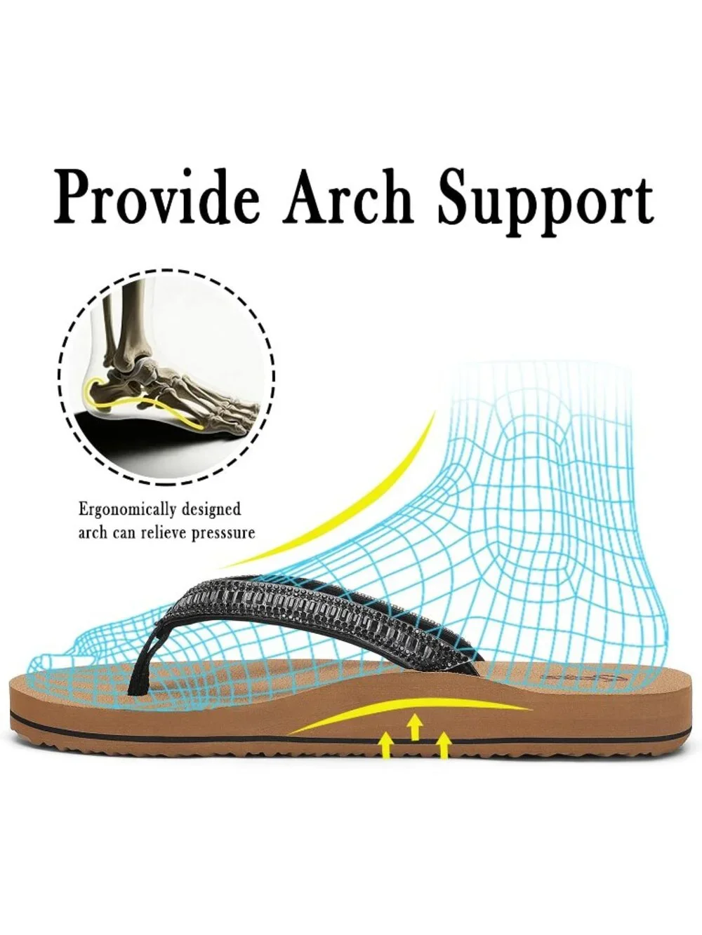 Women's Black Khaki Summer Comfortable Flip Flops with Rhinestone Thong Sandals